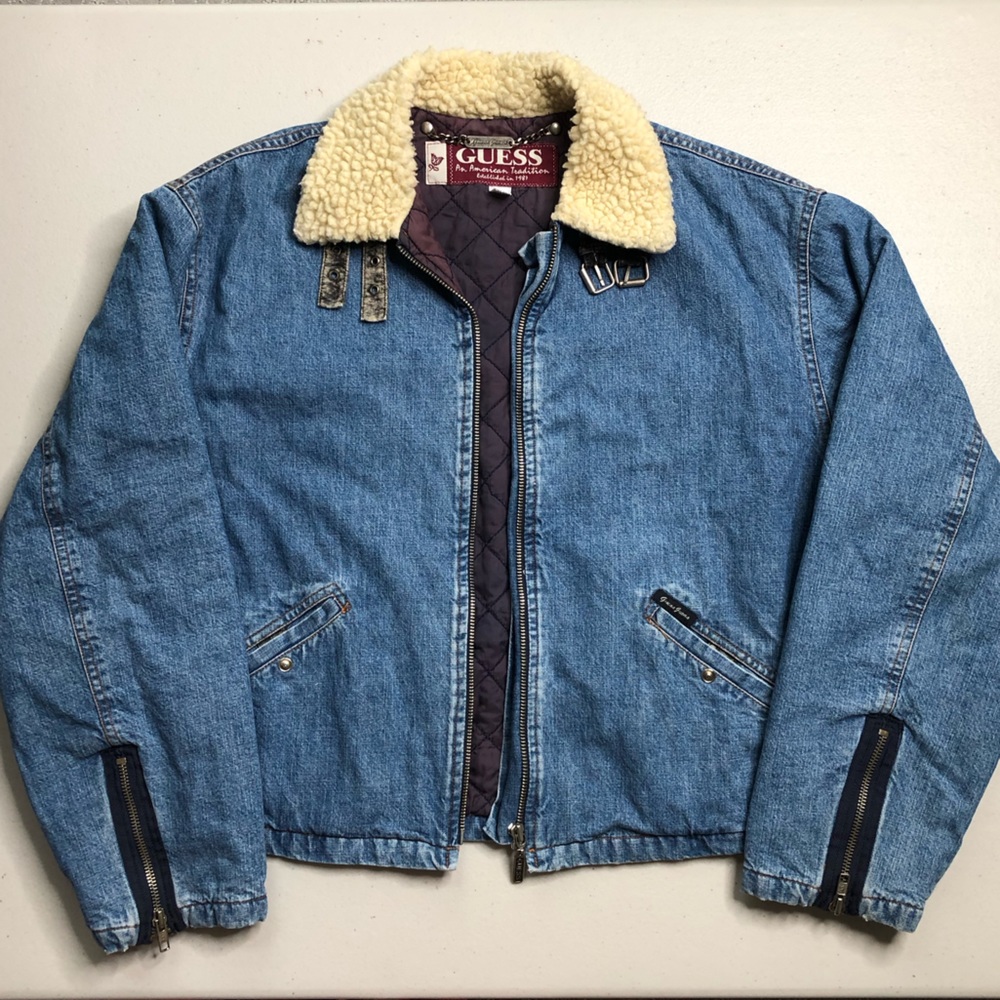 GUESS Men’s Sherpa Collar Quilt Lining Zip-Up Denim Jacket